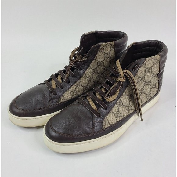 Gucci Other - GUCCI Brown Leather Canvas Logo High Top Sneakers - 9.5